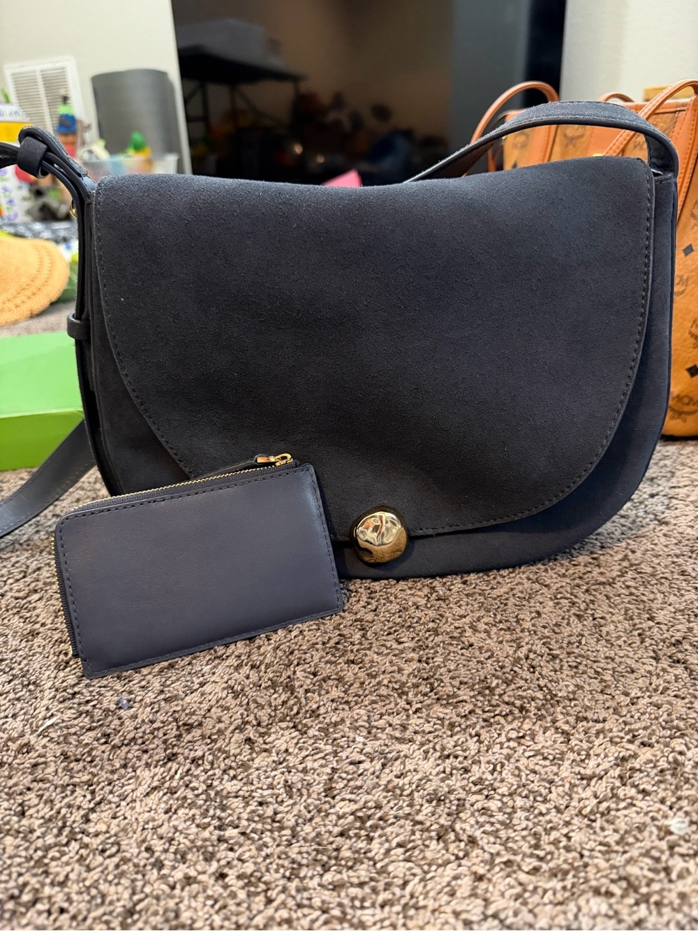 Madewell Navy Suede Crossbody with Gold-Tone Button and Coin Pouch